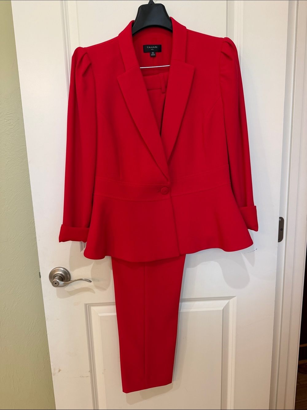 Tahari ASL Bold Red Peplum Business Office Professional Pantsuit